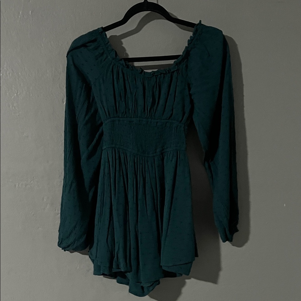 Hollister Teal Long-Sleeve Smocked Waist Peasant Romper